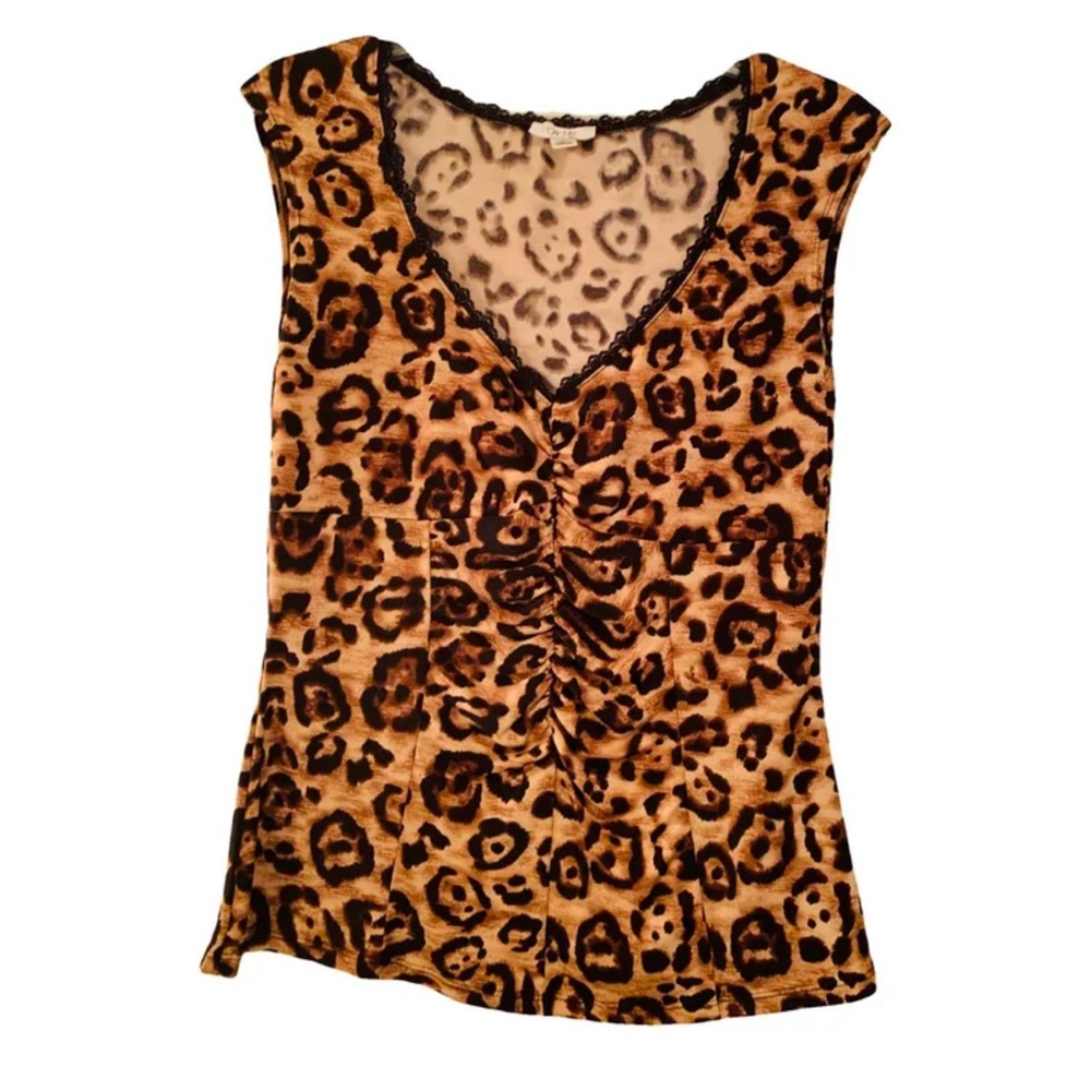 Cache Leopard Print V-Neck Tank Top in Brown and Black